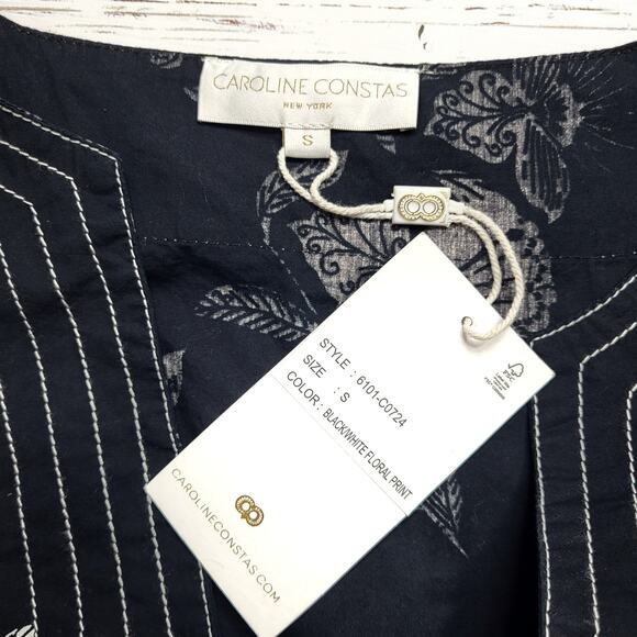 Caroline Constas Puff Sleeve V Neck Floral Dress Black White Tie Waist Small - Picture 8 of 10